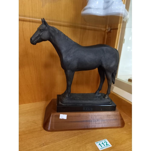 112 - Bronze horse on wooden stand by Roger Lawrence and assoc. 30H cm approx.