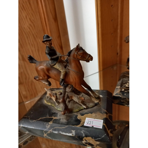 97 - Antique pair of bronze painted hunting horses on marble plinths A/F