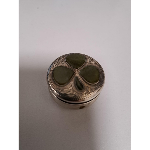 439 - 1900 silver hallmark M Bros pill box with the green cloverleaf