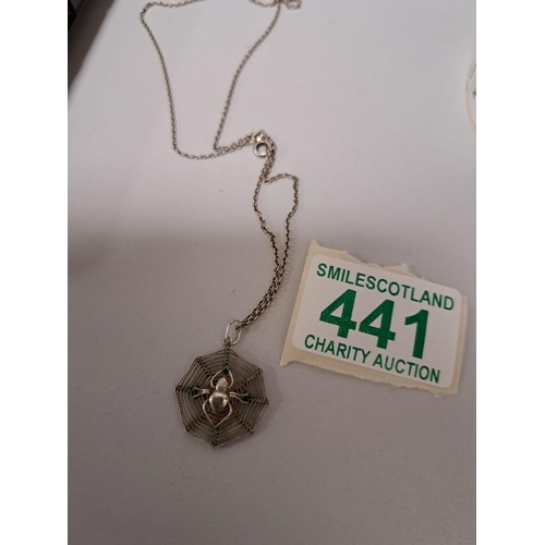 441 - stamped 925 , this spider necklace is lovely and vintage in its web , the rear of the spider is stam... 