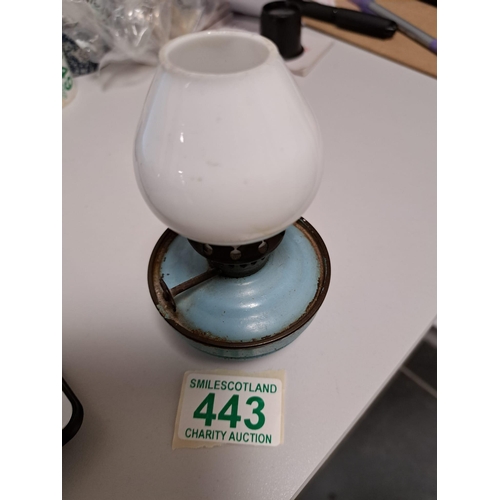 443 - small Bedside oil lamp with shade measuring only 12cm high approx