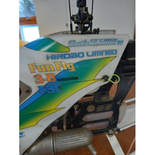 113 - Fun fly Hirobo helicopter with remote control landing bay fuel etc.