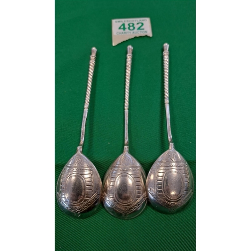 482 - 3 x unusual spoons with markings on them 
A.P 1991  84 AND A CREST see photo