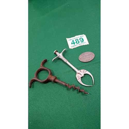 489 - Lothian road church token 1846 and a vintage corkscrew and a sugar pinch