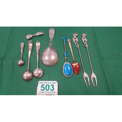 503 - a selection of silver and enamel spoons plus others