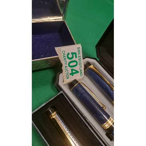 504 - pens and a small Aberdeen box