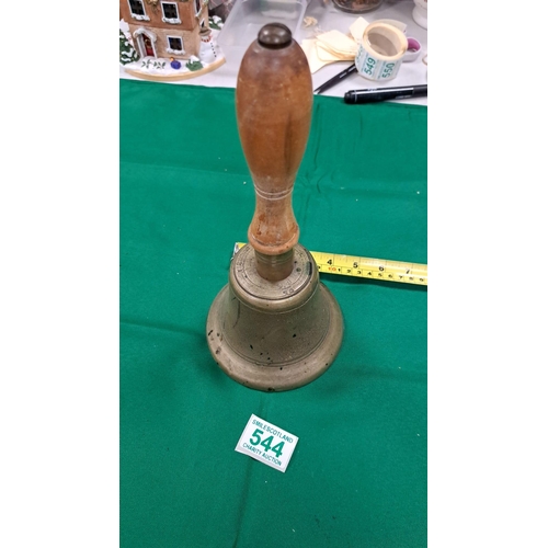 544 - ww11  air raid warning bell  A.R.P hand bell , wooden handle approx 26 cm high