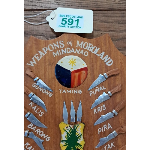 591 - weapons 0f moorland plaque showing 15 different knives and a spear set . Measures 30 x 25 cm approx