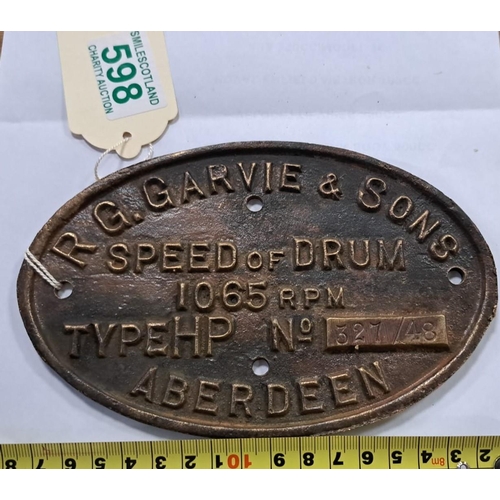 598 - R.G GARVIE MACHINE PLATE ABERDEEN OVAL IN SHAPE