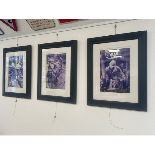 275 - 3 framed signed photographic prints, oil rig workers, approx 96cm x 75cm each