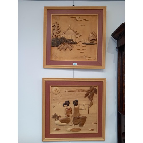5 - 2 x oriental style wooden pictures, 60x60cm approx.
