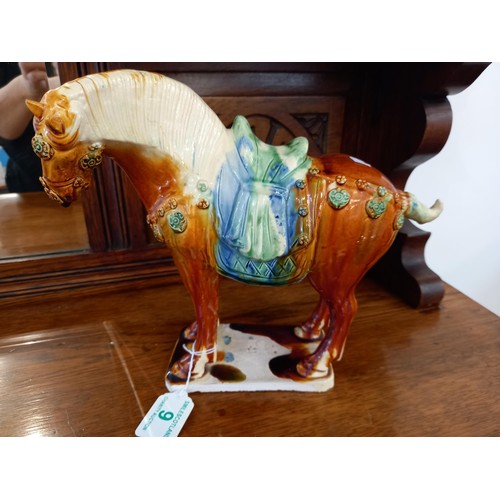 9 - Chinese pottery horse Tang tri-colour, glazed terracotta, and brandy glass with warmer