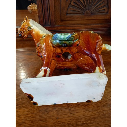 9 - Chinese pottery horse Tang tri-colour, glazed terracotta, and brandy glass with warmer