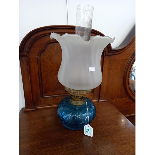 14 - Vintage oil lamp with blue and opaque glass