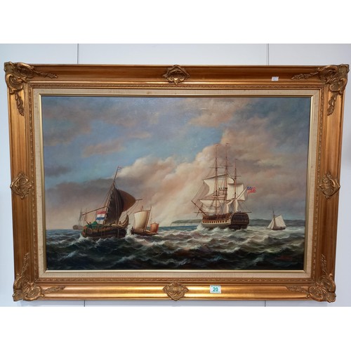 20 - Large framed oil painting, boat scene by E Nielson, 110x80cm approx.