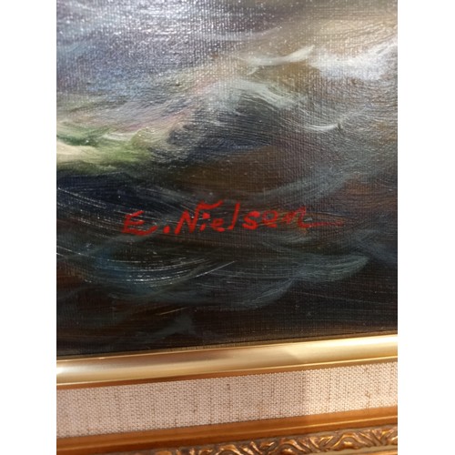 20 - Large framed oil painting, boat scene by E Nielson, 110x80cm approx.