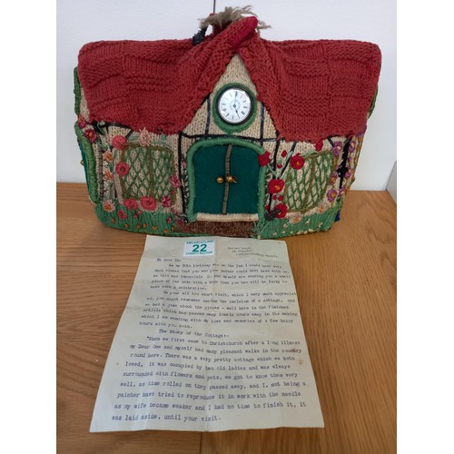 22 - Vintage tea cosy with clock and historic letter of provenance