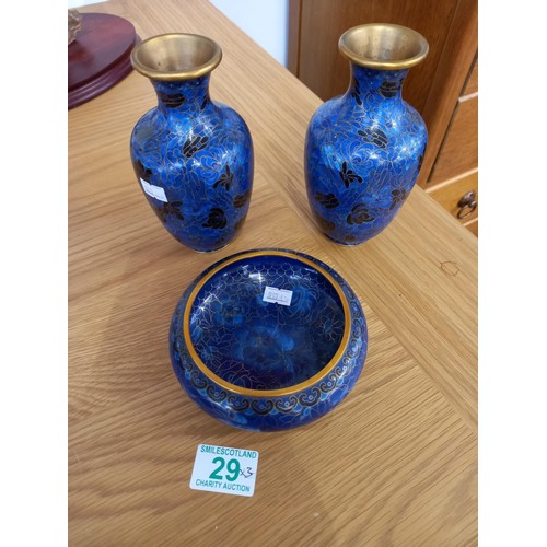 29 - Cloisone ware 2 vases and a bowl, 1 vase has slight damage