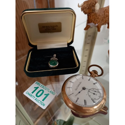 101 - Elgin pocket watch & vintage silver hallmarked pendant, possible malachite