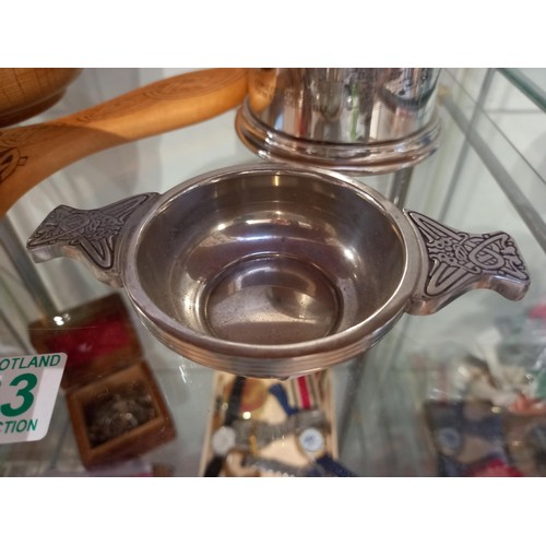 133 - Mirror, quaich, pewter mug, etc.