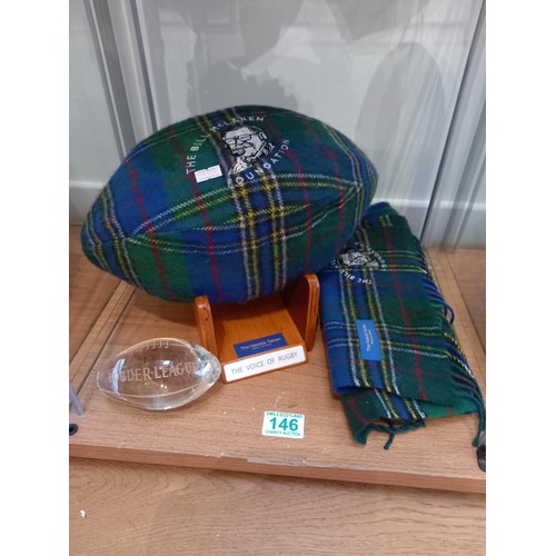 146 - The Bill McLaren Foundation tartan rugby ball, scarf, etc.