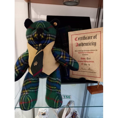 150 - Bill McLaren Foundation Hawick tartan teddy bear, scarf and flag on post