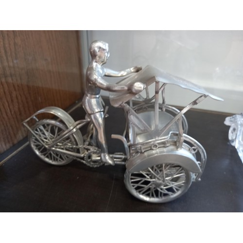 169 - Model glass car and metal rickshaw