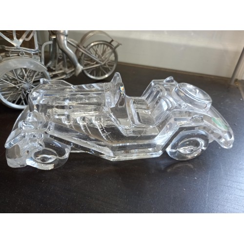 169 - Model glass car and metal rickshaw