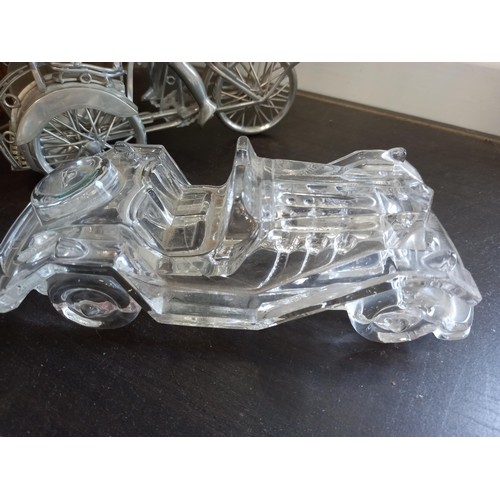 169 - Model glass car and metal rickshaw