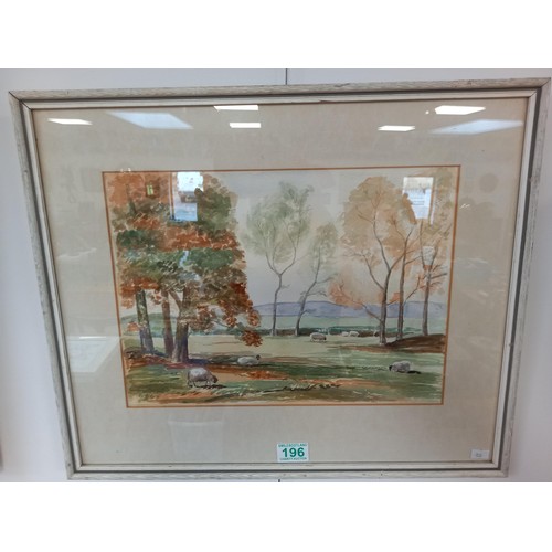 196 - Framed watercolour of grazing sheep