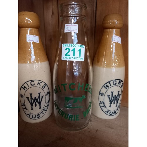 211 - Two Hicks ginger bottles and local milk bottle