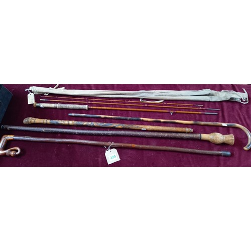 325 - Fishing Rod Sharpes split cane, and walking sticks, some ornate