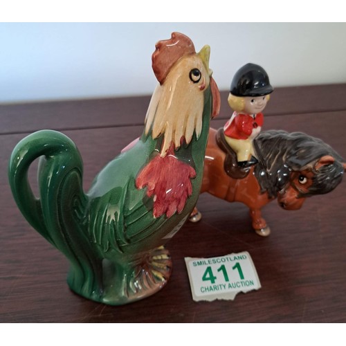 411 - Beswick 1981  Norman Thelwell L rider on pony plus Beswick 1001 Cockerel