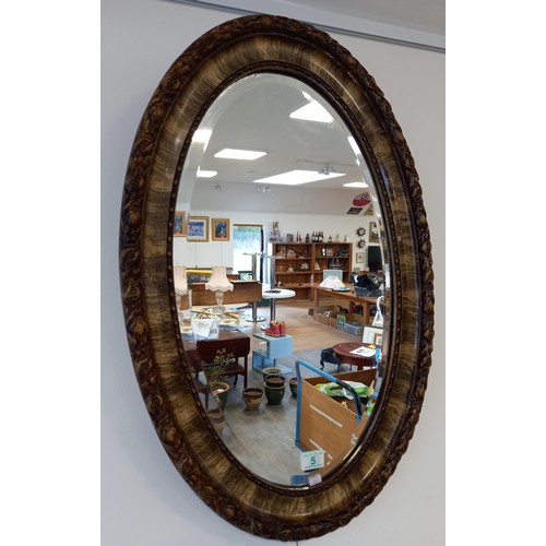 5 - Vintage oval mirror with fine style oak seeded border 77x50cm approx.