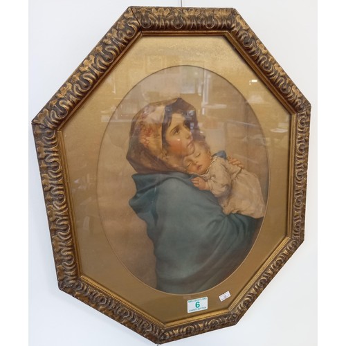 6 - Vintage Mother and child picture in hexagonal frame and Border