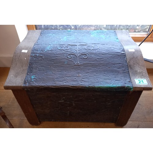 21 - vintage crafted log fire box with lion handles and a copper top in Art Nouveau design