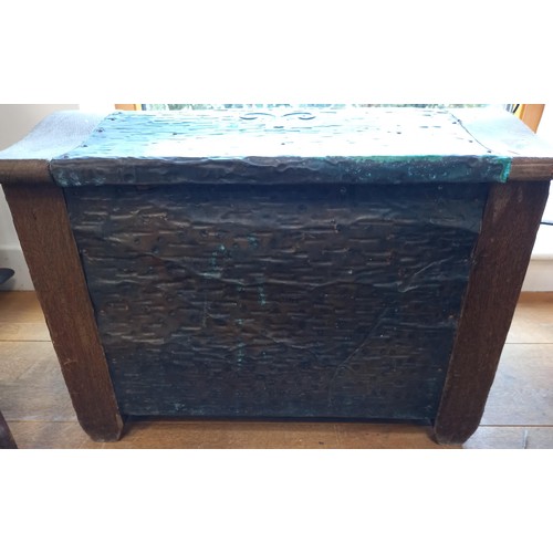 21 - vintage crafted log fire box with lion handles and a copper top in Art Nouveau design