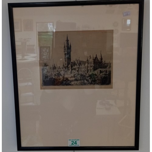 24 - Framed etching of historic building signed by artist 46x39cm approx.