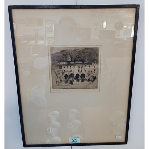 25 - Framed etching of Italian Fishing Village signed by artist 36x46cm approx.