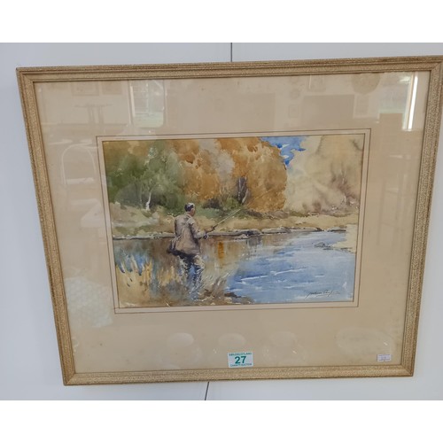 27 - Man Fishing watercolour by Jackson Simpson framed 52x45cm approx.