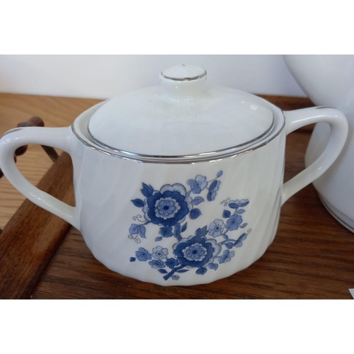 32 - Royal Blue ironstone Enoch Wedgwood teapot, sugar bowl and jug on tray