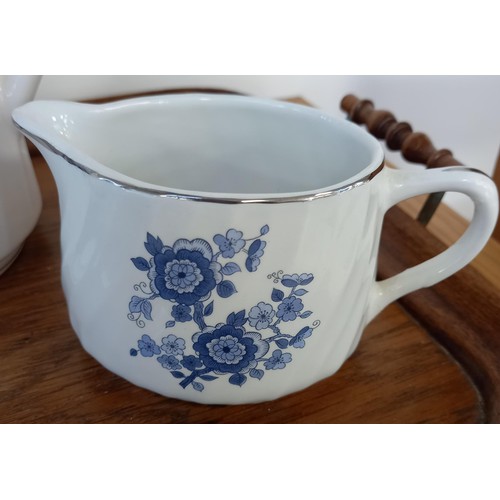 32 - Royal Blue ironstone Enoch Wedgwood teapot, sugar bowl and jug on tray