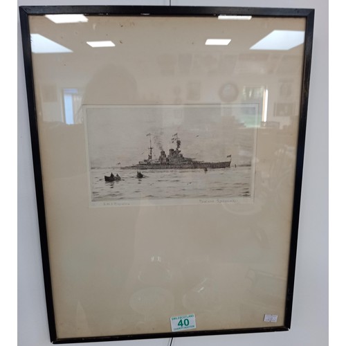 40 - H.M.S. Repulse entering Portsmouth Harbour etching signed & Ltd to 150 by Lt. Rowland Langmaid R.N. ... 