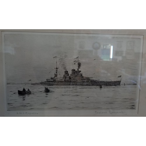 40 - H.M.S. Repulse entering Portsmouth Harbour etching signed & Ltd to 150 by Lt. Rowland Langmaid R.N. ... 