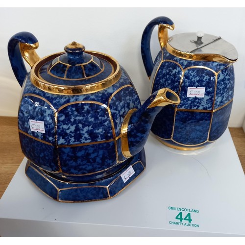 44 - Vintage glazed, and stamped England Teapot, stand & water jug with moto and gold design