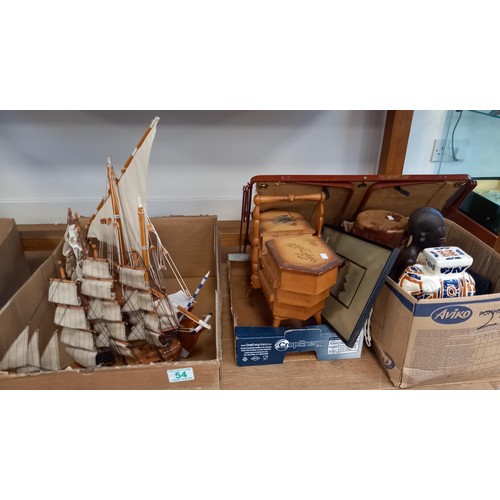 54 - 3x box lot incl. African drums, model boats, picture, etc.