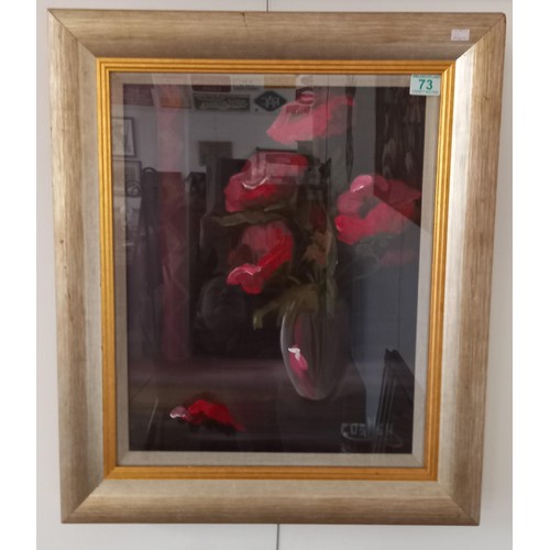 73 - Still Life With Roses oil painting behind glass signed Bill Costley 65x55cm approx.