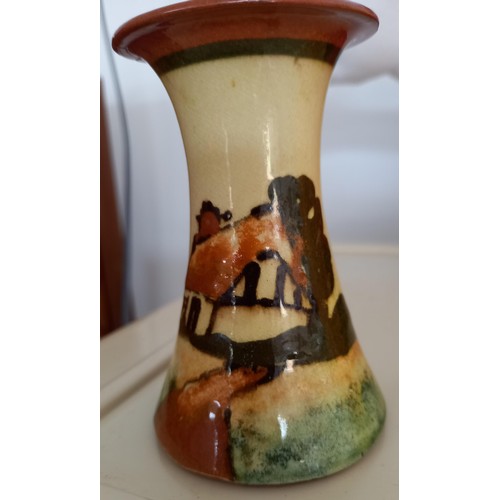 97 - 3x Devon motto ware style vase 10cm H approx. 'lest we forget'. Lidded jar 8cm H approx. 'Leamington... 