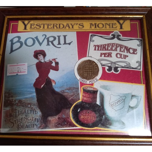 139 - 3 x Framed advertising prints with coins