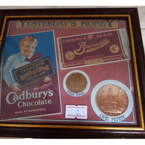 139 - 3 x Framed advertising prints with coins